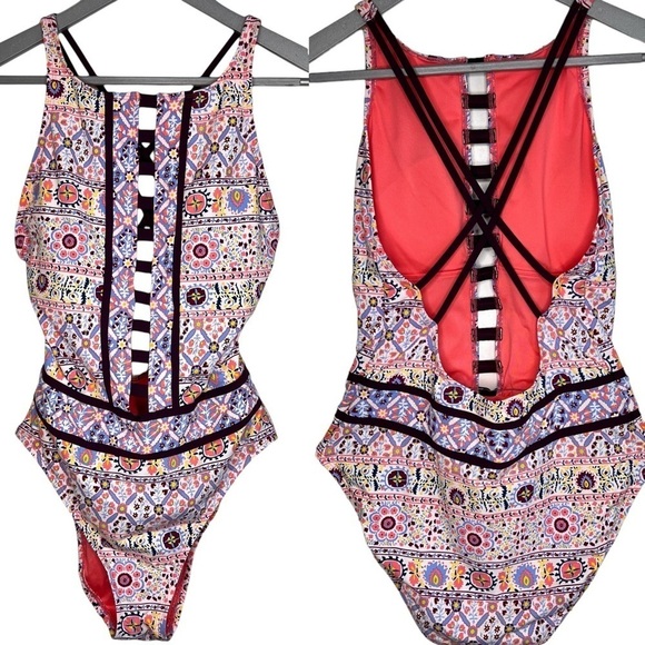 BLEU ROD BEATTIE Positano High Neck One Piece Swimsuit Size 10 Multicolor Print - Picture 2 of 11